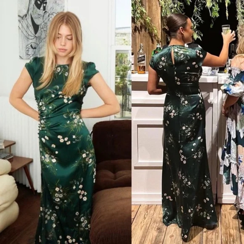 Reformation Birch Ruched Floral-Print Silk-Charmeuse Maxi Dress Green 12 Rare - Picture 4 of 9